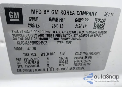 2017 Buick Encore Preferred from USA, damaged, VIN KL4CJASB9HB229902